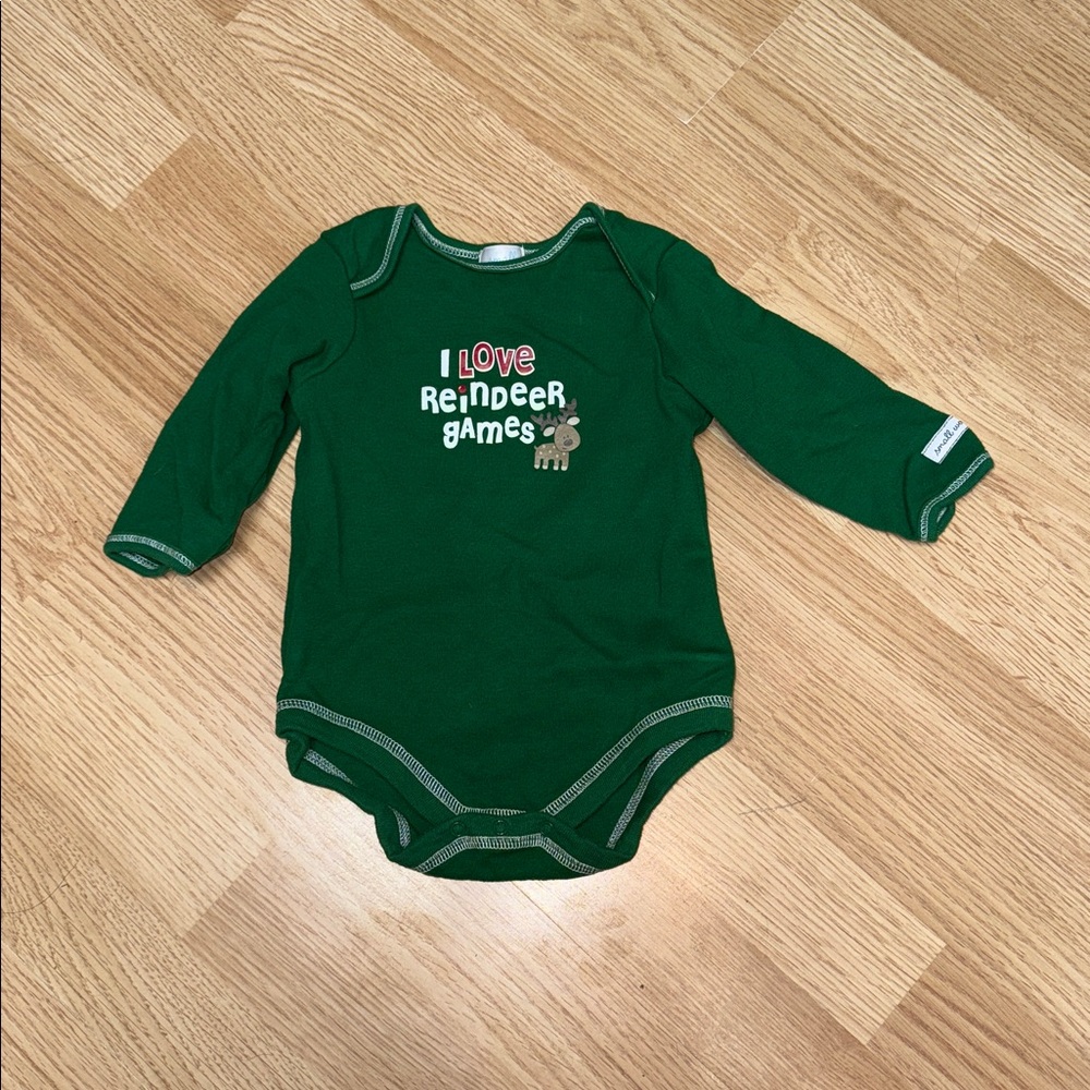 Small Wonders 6-9 Months Green Christmas Reindeer Games Long Sleeve Bodysuit